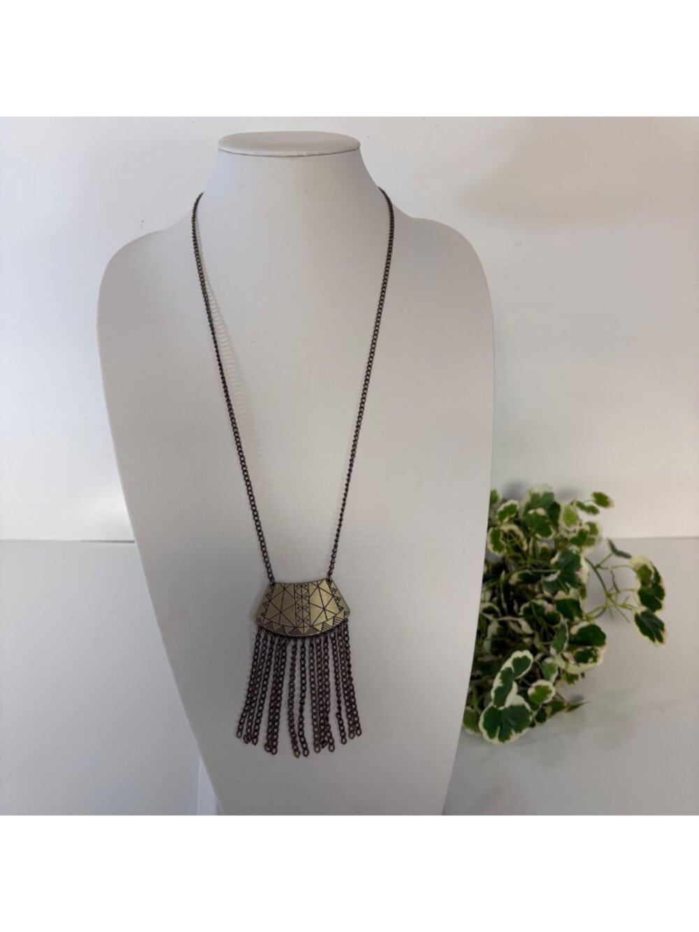 Geometric Fringe Pendant Long Necklace Brass Tone Chain Modern Architectural